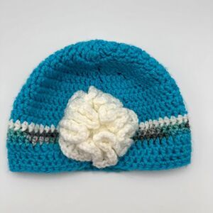 Handmade Women’s Blue Crochet Beanie White Flower Stripe Winter Hat Grannycore